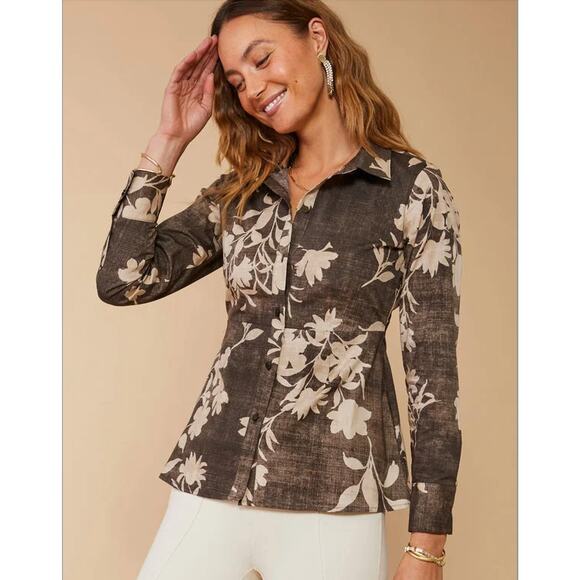 Spartina 449 Women’s M Farrah Poplin Long Sleeve Floral Cascade Gray Blouse Top - Picture 1 of 9